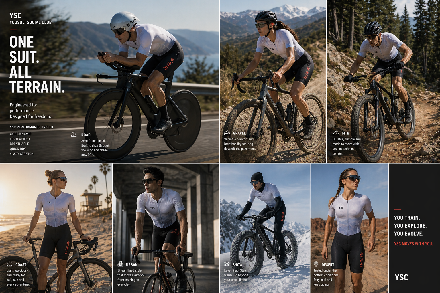 YSC Yousuli Social Club performance trisuit, one suit, all terrain (road, gravel, MTB, coast, urban, snow, desert)
